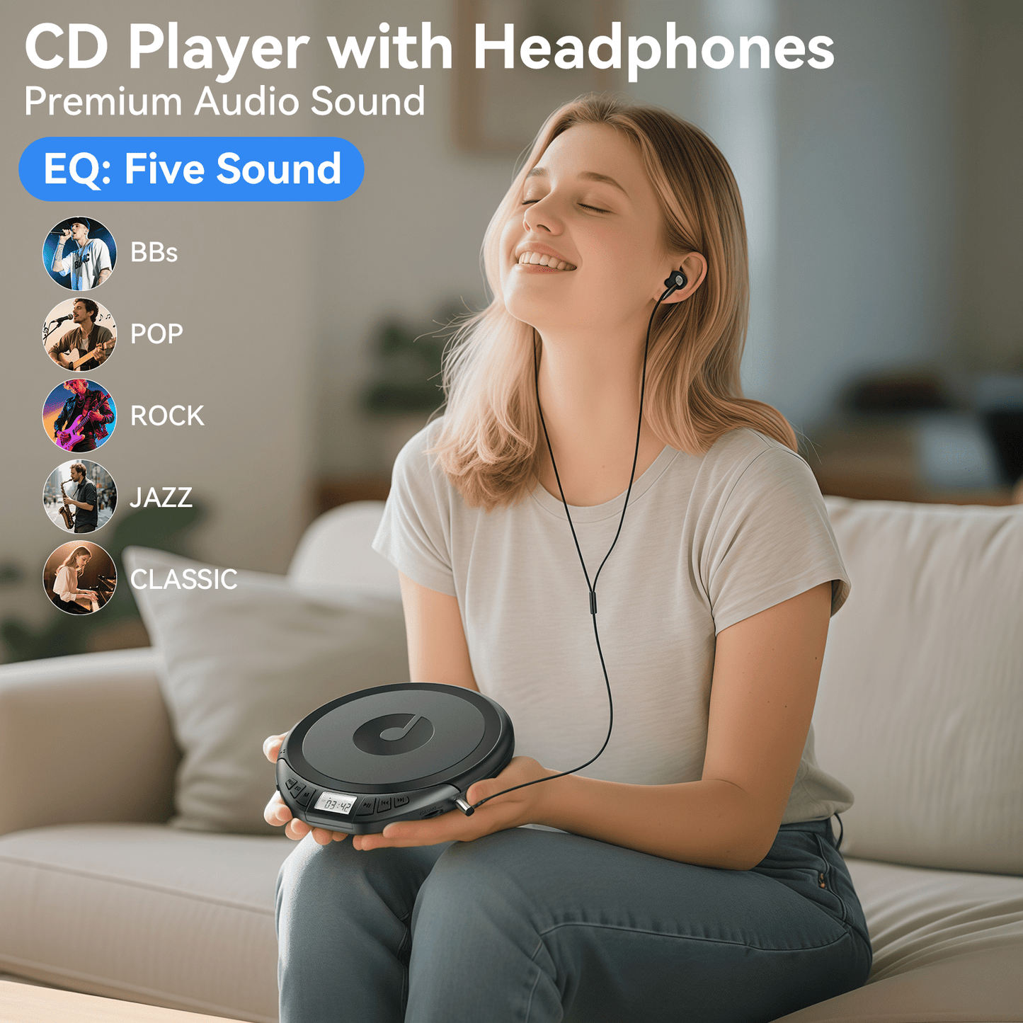 KOVCDVI Bluetooth Portable CD Player for Car and Home, Anti-Skip Shockproof Discman