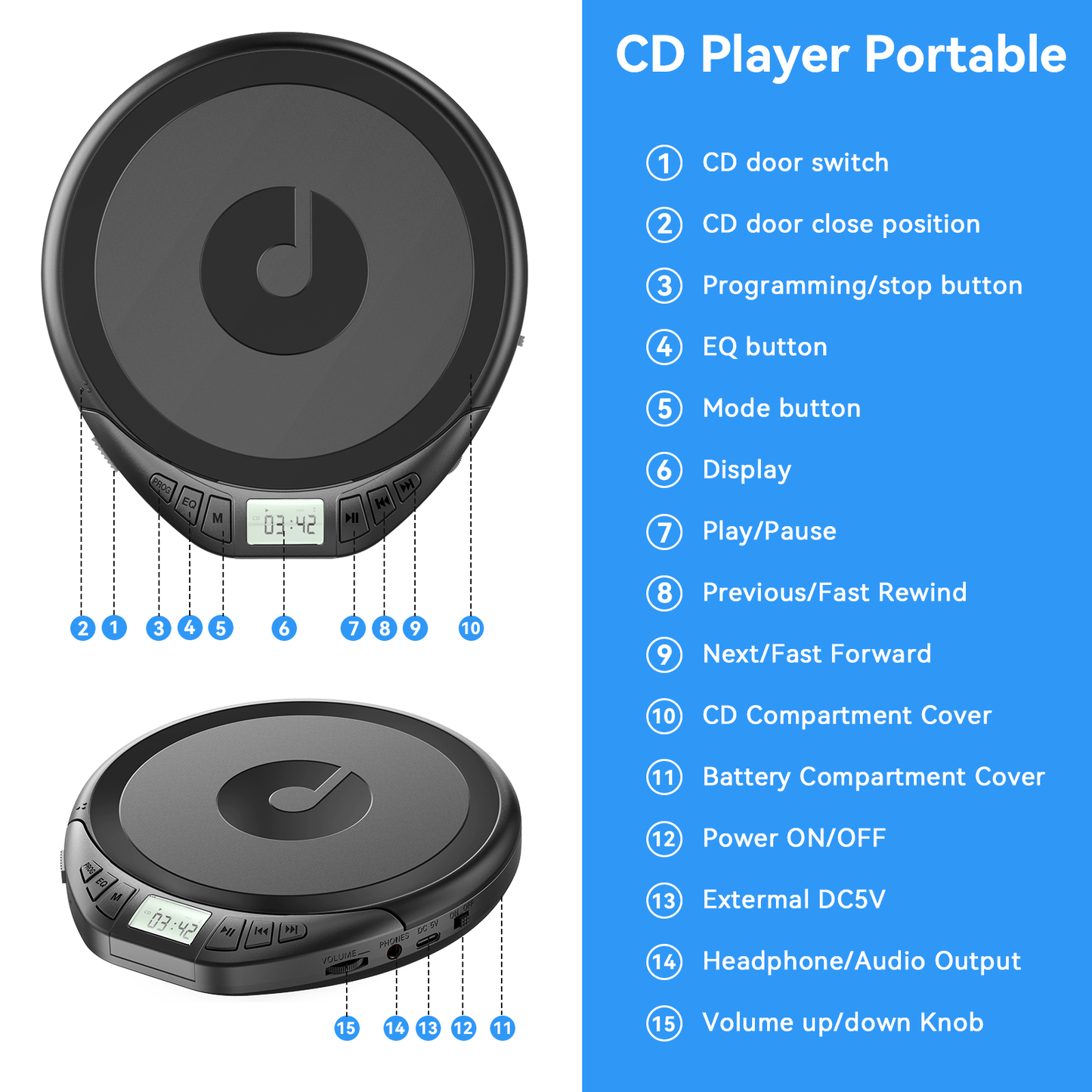 KOVCDVI Bluetooth Portable CD Player for Car and Home, Anti-Skip Shockproof Discman