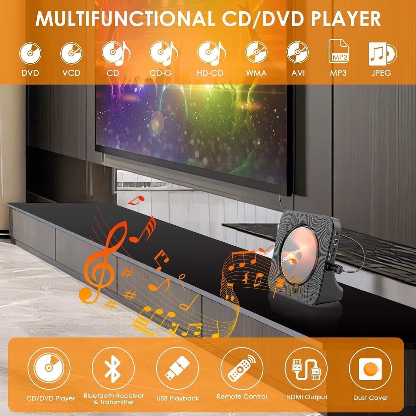 KOVCDVI Portable CD Player for Home – Bluetooth, FM Radio, USB, Built-in Speakers