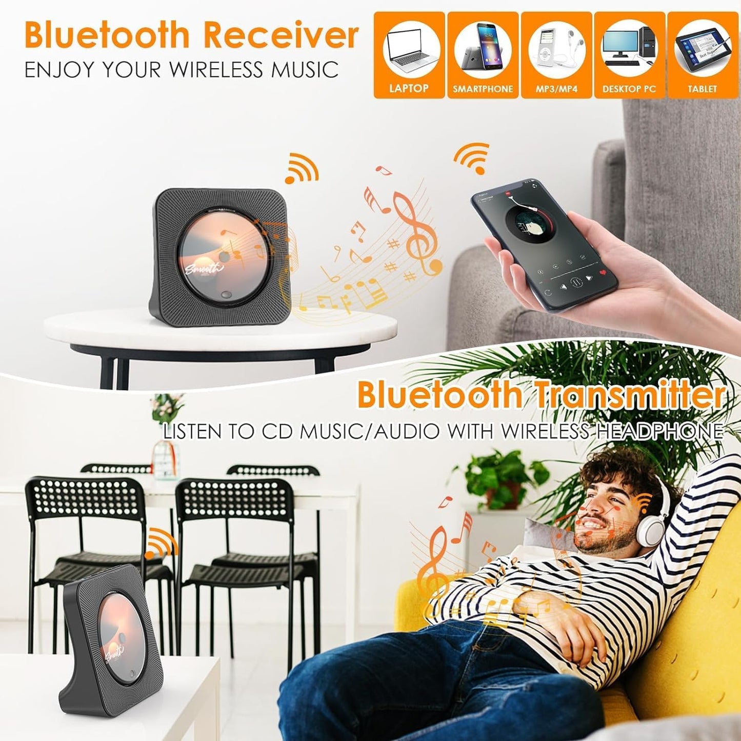 KOVCDVI Portable CD Player for Home – Bluetooth, FM Radio, USB, Built-in Speakers