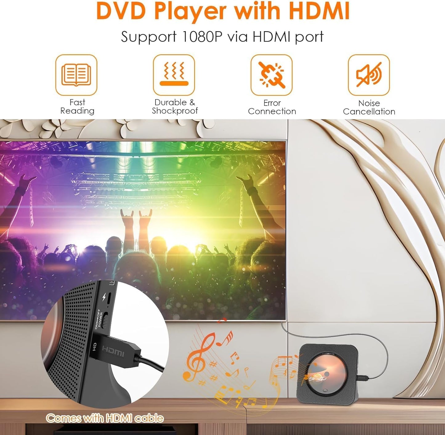 KOVCDVI Portable CD Player for Home – Bluetooth, FM Radio, USB, Built-in Speakers