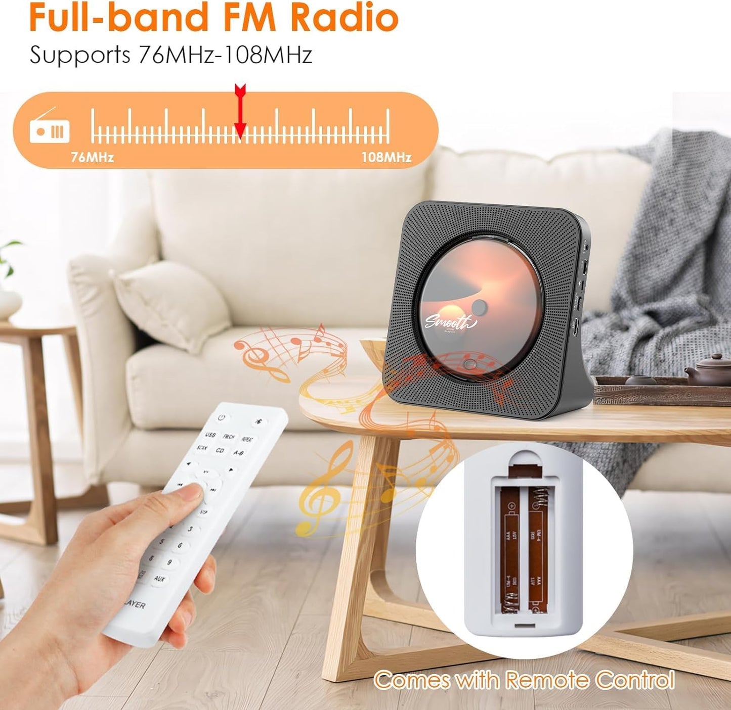 KOVCDVI Portable CD Player for Home – Bluetooth, FM Radio, USB, Built-in Speakers