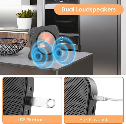 KOVCDVI Portable CD Player for Home – Bluetooth, FM Radio, USB, Built-in Speakers