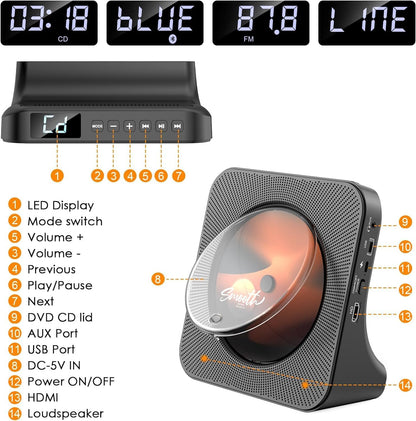 KOVCDVI Portable CD Player for Home – Bluetooth, FM Radio, USB, Built-in Speakers